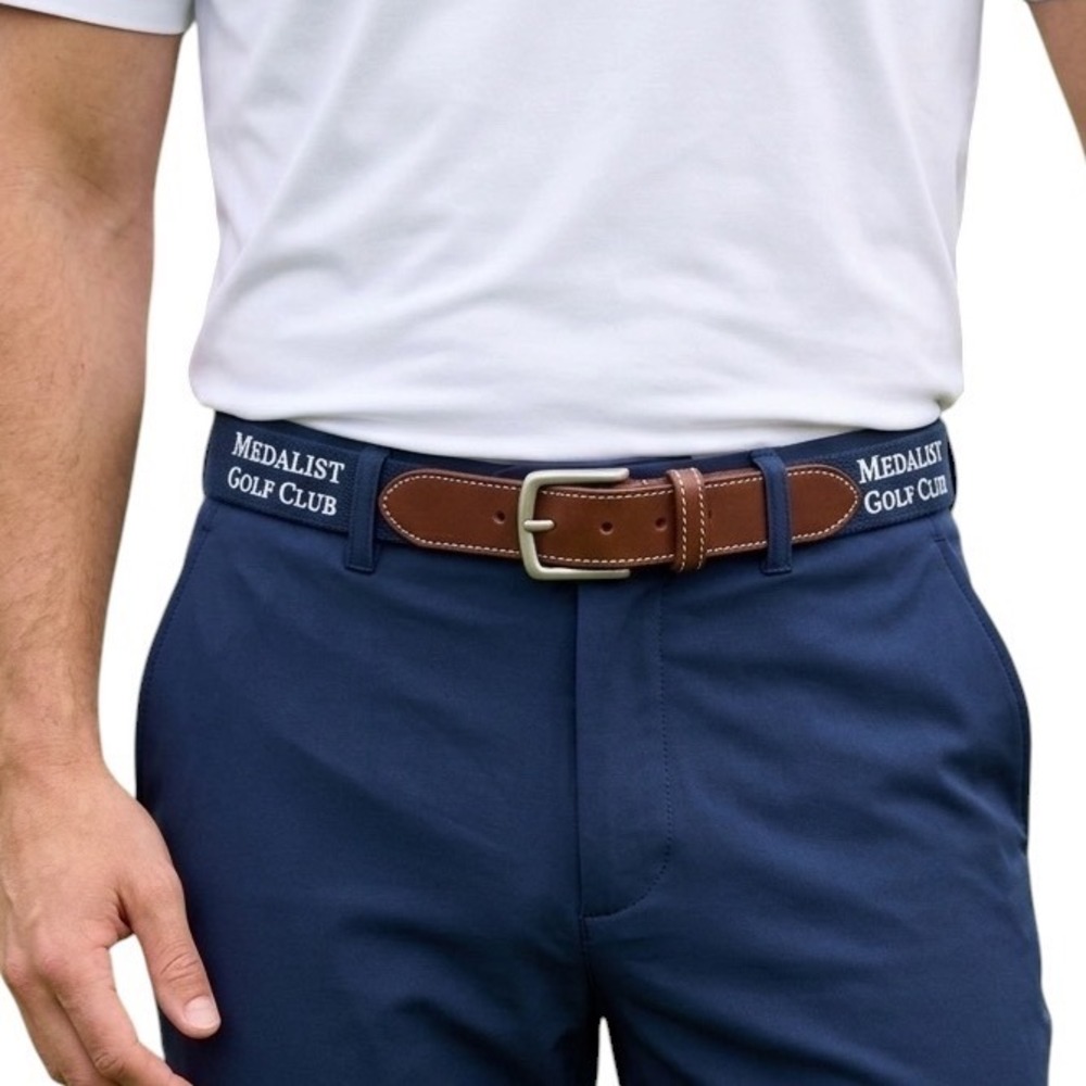 Peter Millar Embroidered Medalist Golf Club Mens Navy Canvas Leather Belt 34 USA